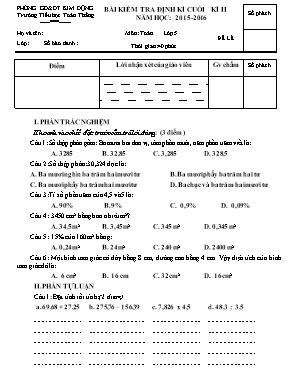 Đề kiểm tra định kì học kì II Toán lớp 5 - Năm học 2015-2016 - Trường Tiểu học Nhị Bình B